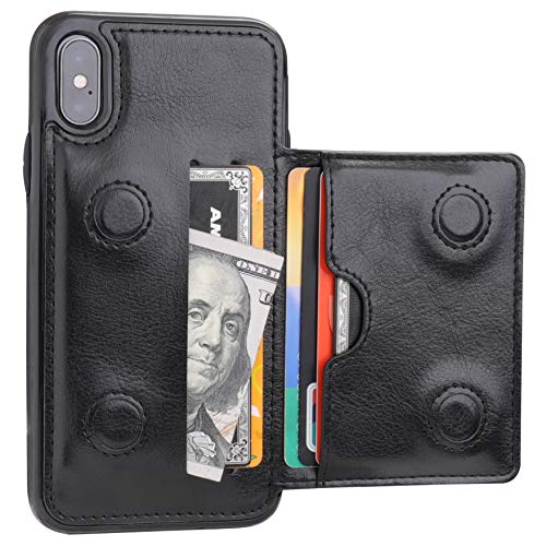 KIHUWEY iPhone Xs Wallet Case iPhone X Wallet Case Credit Card Holder, Premium Leder Kickstand Durable Shockproof Protective Cover iPhone X/Xs 5,8 Zoll (Schwarz) von KIHUWEY