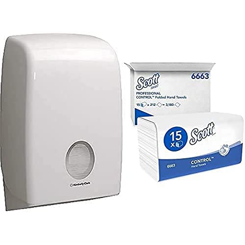 Aquarius Spender für Papierhandtücher 6945 – 1 x, weiß + Scott Control Papierhandtücher mit Interfold-Faltung 6663 – Papierhandtücher mit V-Faltung – 15 Packungen x 212 Papierhandtücher von Kimberly-Clark Professional