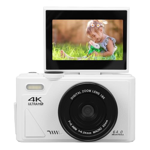 4K-Digitalkamera, 64 MP UHD, 18-facher Zoom, Autofokus-Kompaktkamera mit Klappbildschirm (White) von KIMISS