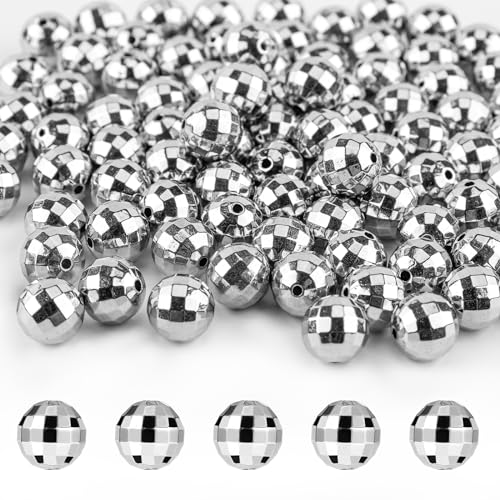 120 Stück Discokugel-Perlen für die Schmuckherstellung, Discokugel Beads Perlen Spiegel Discokugel für DIY Halskette 70er-80er-Jahre-Kostümzubehör Partygeschenke Kunsthandwerk (Silber) von KINBOM