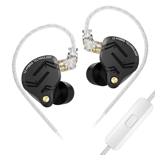 KINBOOFI KZ ZS12 PRO X In-Ear-Kopfhörer, IEM-Kopfhörer, 1 DD + 5 BA Hybrid-Gaming-Ohrhörer, mit 2-Pin-Kabel für Audiophile (Dunkelschwarz, mit Mikrofon) von KINBOOFI