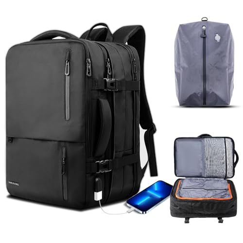 KINGSLONG Rucksack Herren Laptop Rucksack für 19 Zoll Erweiterbar 28-46L Reiserucksack Wasserabweisend Handgepäck Reisetasche mit USB-Ladeanschluss und 20L Vakuum Tasche Flug Genehmigt Kabinenrucksack von KINGSLONG