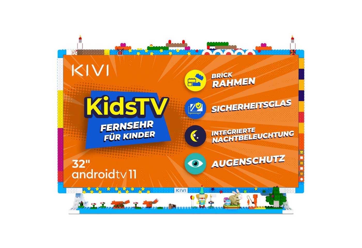 KIVI KIDS TV LED-Fernseher (81,30 cm/32 Zoll, Full HD, Smart-TV, Android TV, Brick-Style Rahmen, Sprachsteuerung, Sicherheitsglas, Augenschutz) von KIVI