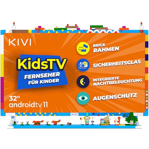 KIVI KidsTV Fernseher 32'' Smart TV Android FHD; mit Voice Assistant; HVA-Panel; kompatibel mit HBO, Disney+, Netflix, YouTube Kids; mit schützendem, gehärtetem Glas; verbessert von KIVI