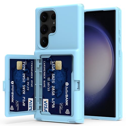 KJSK Schutzhülle für Samsung Galaxy S23 Ultra (2023) mit Kartenhalter, integriertem Spiegel und Standfuß, robuste Fallschutzhülle in Militärqualität für S23 Ultra 17,3 cm (6,8 Zoll), Hellblau von KJSK