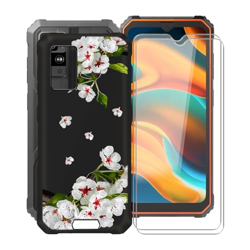 KJYFOANI Handyhülle für Blackview BV4800 Pro (6.56") und 2 Stück Schutzglas Gehärteter Film, Ultra Dünn Weiche Silikon Stoßfest Schutzhülle, Flexibel TPU Tasche Cover - Schwarz Hülle - Birnenblüte von KJYFOANI