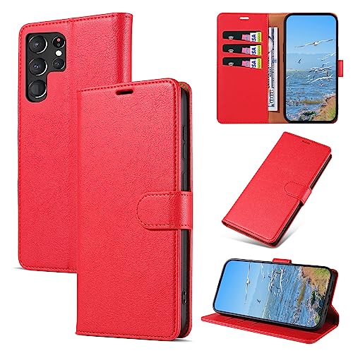 KKEIKO Handyhülle für Samsung Galaxy S23 Ultra Hülle, Magnet Klappbar Handyhülle mit Kartenfach, PU Leder Stoßfest Schutzhülle für Samsung S23 Ultra, Rot von KKEIKO