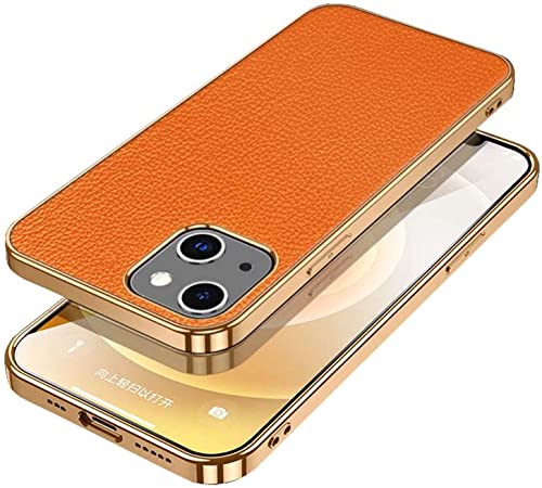 KKFAUS Für Apple iPhone 13 Mini (2021) 5,4 Zoll Hülle, Litschi Muster Goldrahmen Leder Bumper Rückseite Handyhülle [Bildschirm- und Kameraschutz] (Farbe: Orange) von KKFAUS