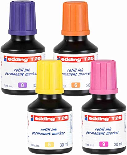 Nachfülltinte mit Tropfendosierer T25 4x30ml Lila, Orange, Gelb, Rosa - geeignet für das schnelle Nachfüllen diverser edding Permanentmarker, wasserfest, permanent, Refill, ink, kinderleicht von KLAMOTTEN STORE