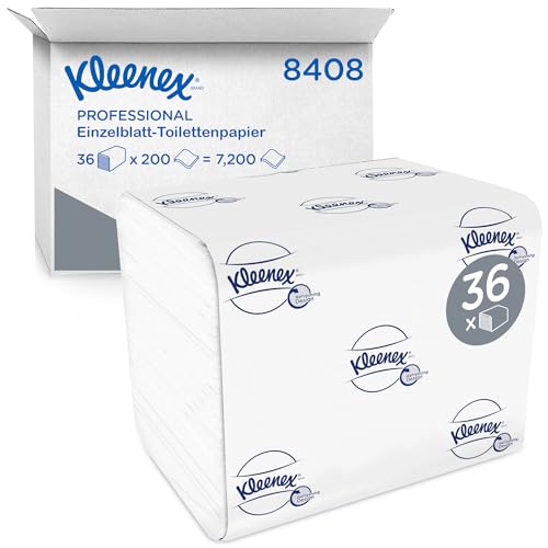 Kleenex Toilettenpapier 8408 – 2-lagiges Klopapier in Großpackungen – 36 Packungen x 200 Blatt (7.200 Blatt) ,weich und angenehm, Einzelblatt von KLEENEX