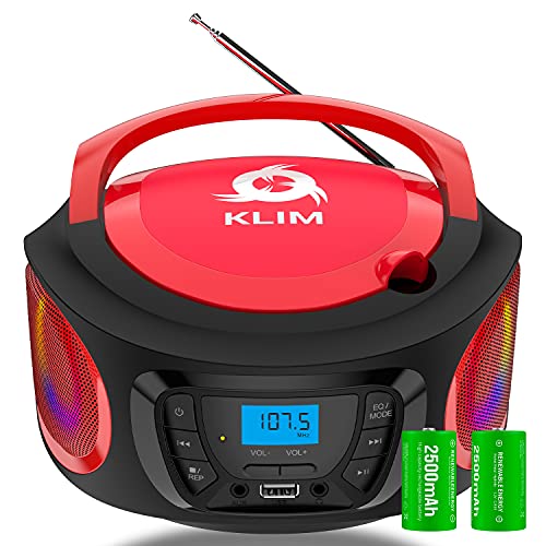 KLIM Boombox Radio mit CD Player - NEU 2024 - FM-Radio, CD Player, Bluetooth, MP3, USB, AUX - Inklusive wiederaufladbaren Akkus - Kabelgebundene und kabellose Modi - Kompakt und robust (Rot) von KLIM