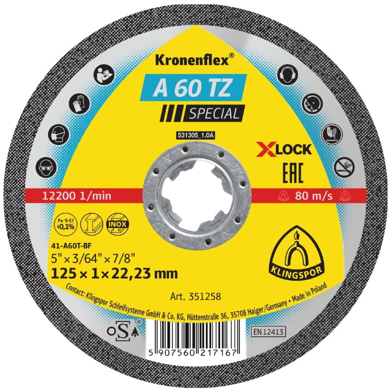 Kronenflex® Trennscheiben A 60 TZ X-LOCK gerade für Edelstahl und Stahl 115 x 1 x 22,23 mm von KLINGSPOR Schleifsysteme