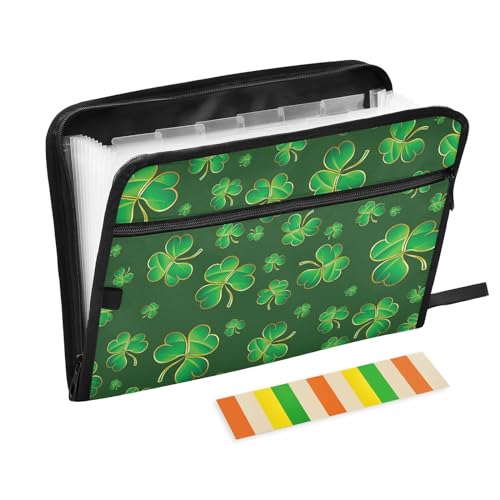 KLL Akkordeanischer Aktenordner, 13 Taschen, wasserdicht, erweiterbarer Aktenordner, Brief, A4-Größe, Dokumentenhalter mit Etiketten für Zuhause, Schule, Büro, Reisen, St. Patrick's Day Kleeblatt, von KLL