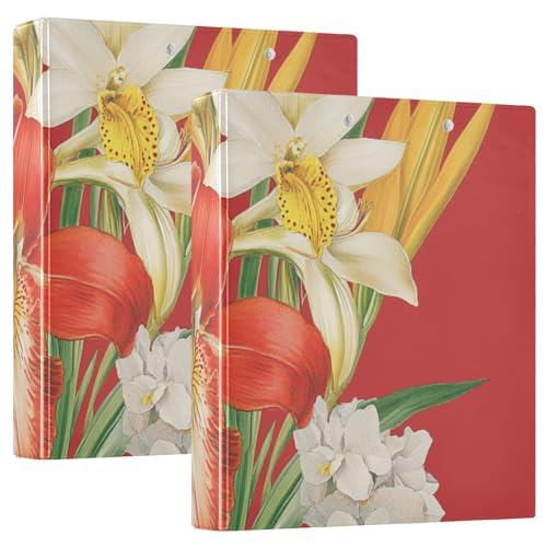 KLL Notizbuch mit 3 Ringen, 3,8 cm (1,5 Zoll) Notizbuchordner mit Tascheneinband, 1/2er-Pack, Schulhefter 200 Blatt, Florals Orchidee Canna Rot von KLL