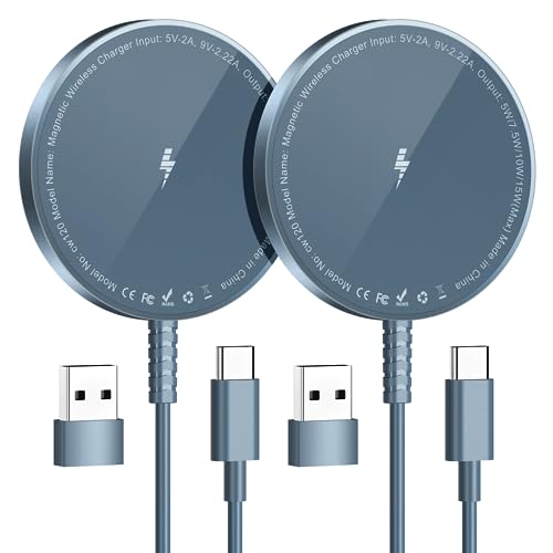 Mag-Safe Ladegerät für iPhone Ladestation: Magnet Wireless Charger Induktive Kabelloses Ladepad Kompatibel mit iPhone 16 15 14 13 12 und Air-Pods 3 2 Pro (Ohne Netzteil, 2 Stück Blau) von KLiHD