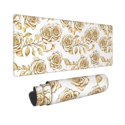 KMNHBGF Großes Mauspad, wasserdicht, rutschfeste Gummiunterseite, Bürodekoration, Mauspad für Damen und Herren, Laptop, Computer, 30,5 x 80,9 cm – viele goldene Blumen von KMNHBGF