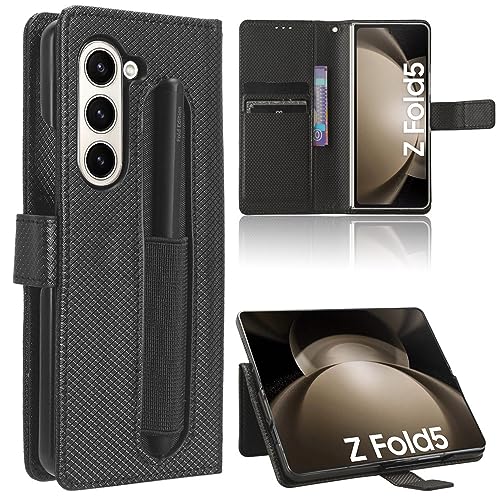 KNOXS Hülle für Samsung Galaxy Z Fold 5, Premium Rautenmuster Leder Flip Schutzhülle für Z Fold 5 Hülle mit S-Pen-Halter Magnetverschluss Handyhülle (Schwarz) von KNOXS