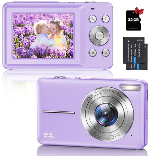 Digitalkamera Fotokamera Kompaktkamera mit 32GB Karte, 44MP 1080P HD Fotoapparat 2,4 '' LCD 16X Digital Zoom Wiederaufladbare Digital Kamera für Kinder, Teenager, Anfänger, Jungen, Mädchen(Lila) von KOASDVS