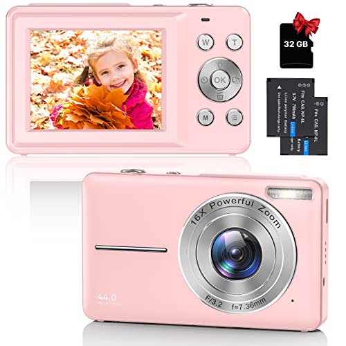 Digitalkamera Fotokamera Kompaktkamera mit 32GB Karte, 44MP 1080P HD Fotoapparat 2,4 '' LCD 16X Digital Zoom Wiederaufladbare Digital Kamera für Kinder, Teenager, Anfänger, Jungen, Mädchen(Rosa) von KOASDVS