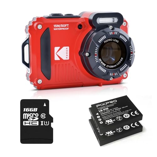 Kodak Pixpro Pack WPZ2 + 2 Akkus + 1 SD-Karte – Kompakt 16 M Pixel, wasserdicht bis 15 m, stoßfest, Video 720p, LCD-Display 2,7 Zoll – Li-Ion-Akku – Rot von KODAK