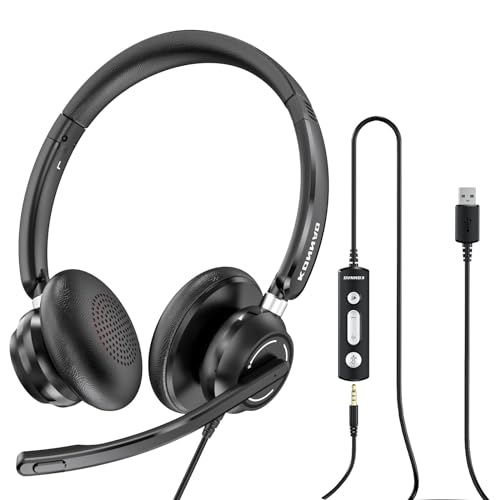 KONNAO USB Headset mit Mikrofon, 3,5mm verdrahtete Headsets mit Noise Cancelling Mikrofon, Stereo Kopfhörer mit MIC, In-Line Steuerungen, Work Headset von KONNAO