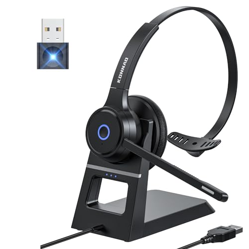 KONNAO Wireless Headset mit AI Noise Cancelling Mikrofon, V5.3 Wireless Kopfhörer mit USB Dongle, Ladestation, Mikrofonstummschalter, Wireless Headsets für Arbeit von KONNAO