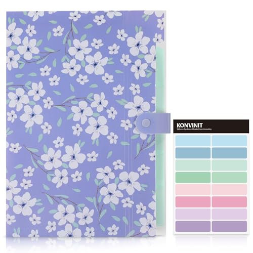 KONVINIT Dokumentenmappe A4,Fächermappe Mappen Ordnersystem,Ordnungsmappe 6 Tasche,Floral Dokumente Organizer Folder mit Schnalle Mappe mit Fächern Schul Sachen Büroordner,Lila von KONVINIT