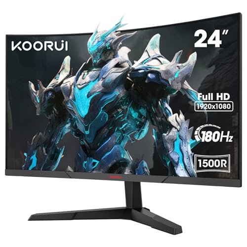 KOORUI 24 Zoll Curved Gaming Monitor, FHD 1080p, 1ms Reaktionszeit,180Hz Bildwiederholraten, HDMI 2.0/DP 1.2, 250cd/m² Helligkeit von KOORUI