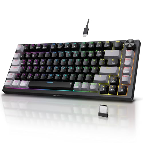 KOORUI Mechanisch Tastatur, Gaming Tastatur Kabellos/Kabelgebunden/Bluetooth 26 RGB Wiederaufladbare 4000mAh Batterie 82 Tasten Deutsches Layout QWERTZ für Windows MacOS Linux-Blauer Schalter von KOORUI