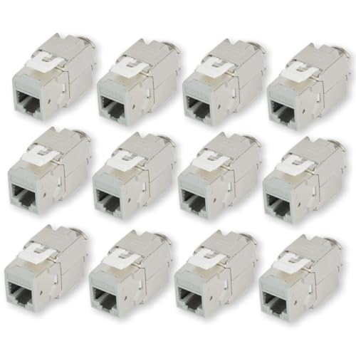 KOSCOM CONNECT 12x Keystone Modul CAT6A in grau | STP RJ45 Einbaubuchse für Netzwerk-Leerdose & Patchpanel | vollgeschirmt I bis zu 10 Gbit/s & 500 MHz | werkzeugfreie Snap-In Montage | AWG 22-25 von KOSCOM CONNECT