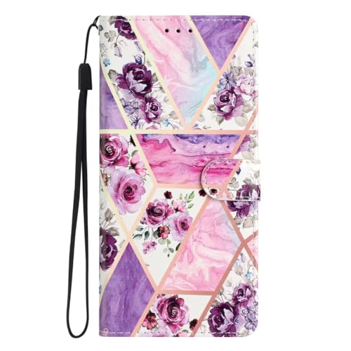 Handyhülle Kompatibel mit iPhone 16 Pro Hülle, PU Leder Tasche Wallet Schutzhülle iPhone 16 Pro, Flip Cover Klappbar Brieftasche Etui mit Magnet Kartenfach TPU Lederhülle Lila Blume von KRjcsfhy