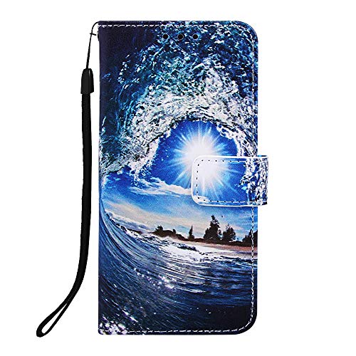 Handyhülle für OPPO Reno 9A Hülle Case mit Kartenfach Geld Slot Ständer Magnet PU Ledertasche TPU Bumper Wallet Flip Tasche Schutzhülle Handytasche für OPPO Reno 9A Welle & Sonne von KRjcsfhy