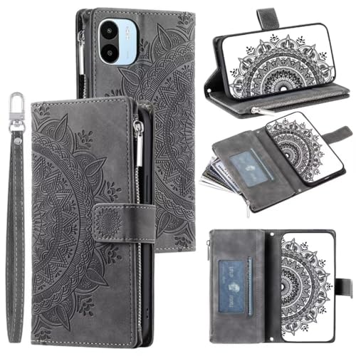 Handyhülle für Samsung Galaxy S25 Hülle Premium Leder Mandala Reißverschluss Flip Case Kartenfach Magnetisch Klapphülle Wallet Lederhülle Bumper Schutzhülle für Samsung Galaxy S25 Tasche - grau von KRjcsfhy