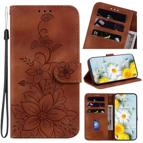 Handyhülle für iPhone 16 Plus Hülle Leder, iPhone 16 Plus Blumen Flipcase Handytasche Book Tasche Case mit Kartenfach Magnet Schutzhülle für iPhone 16 Plus Handy Hüllen braun von KRjcsfhy