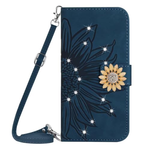 Handykette für OPPO Reno12 Pro 5G Handyhülle für OPPO Reno12 Pro 5G Glitzer Sonnenblume Hülle Flip Lederhülle, Handyhülle Book Case PU Leder Tasche und Magnet Kartenfach SchutzhülleTintenblau von KRjcsfhy