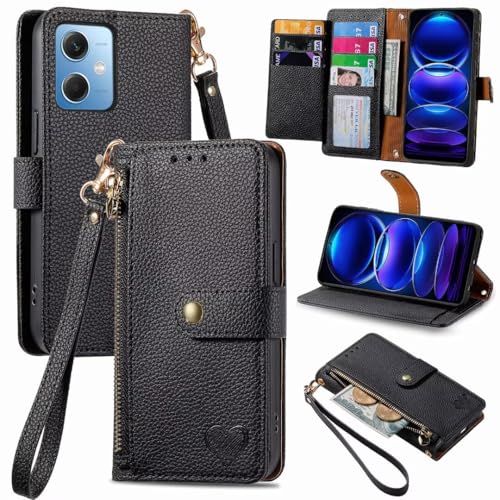 Hülle Case für Realme C75 4G, Reißverschluss Handyhülle Liebe Leder Klapphülle Silikon Bumper mit Kartenfächer Standfunktion Trageband Schutzhülle Wallet Case für Realme C75 4G, schwarz von KRjcsfhy