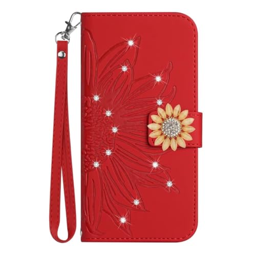 für OPPO Reno12 Pro 5G Handyhülle Kompatibel mit OPPO Reno12 Pro 5G Glitzer Sonnenblume Hülle Flip Lederhülle, Handyhülle Book Case PU Leder Tasche Case und Magnet Kartenfach Schutzhülle rot von KRjcsfhy