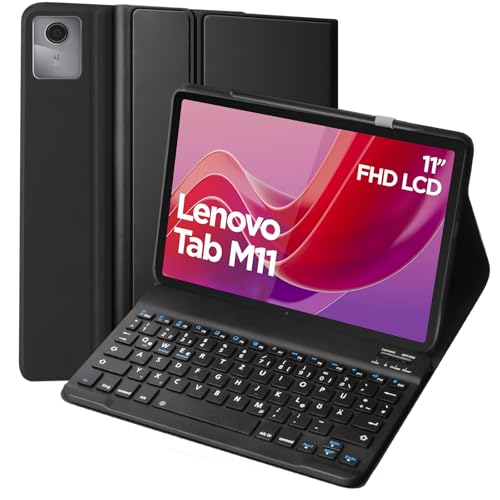 KTOITION Hülle mit Tastatur für Lenovo Tab M11 11 Zoll 2024 (TB330FU/TB330XU), Schutzhülle mit Magnetisch Abnehmbare Kabellose Deutsches QWERTZ Tastatur für Lenovo Tab M11 11 Zoll (Schwarz) von KTOITION