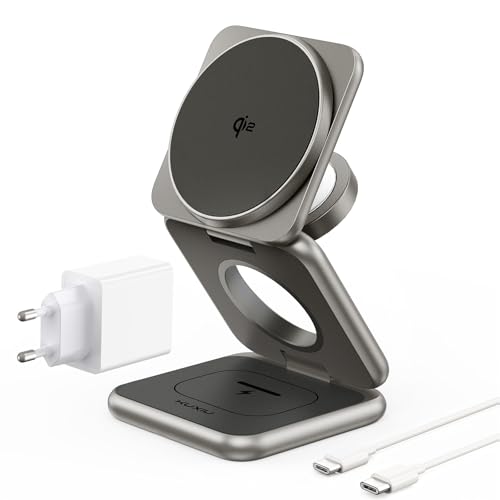 KU XIU X40Q 3 in 1 Induktive Ladestation - Mag-Safe Kabelloses Ladegerät mit Qi2, Faltbares Reiseladegerät, 15W für iPhone 16/15/14/13/12, 5W für Apple Watch 10/9/8/7/Ultra/SE und AirPods - Titan von KU XIU