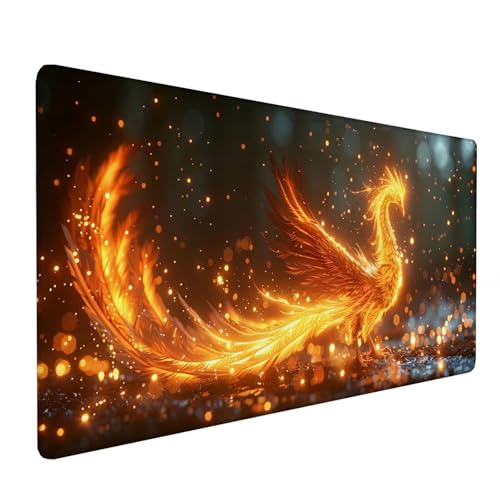 Golden Mauspad XXL 1000x500x3mm, Schreibtischunterlage PhöNix, Groß Gaming Mousepad mit Vernähten Kanten, Mouse Pad Wasserdicht Rutschfest, für Gaming Dekor, Gaming Zubehör, Geschenke für Männer N-A-G von KUEAJIOU