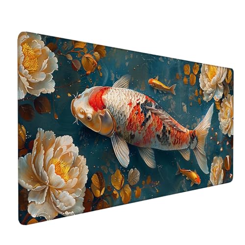 Weiß Mauspad XXL 800x300x3mm, Schreibtischunterlage Fisch, Groß Gaming Mousepad mit Vernähten Kanten, Mouse Pad Wasserdicht rutschfest, für Gaming Dekor, Gaming Zubehör, Geschenke für Männer 9-3-D von KUEAJIOU