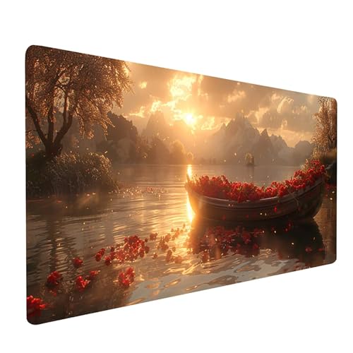 Mauspad Landschaft, Boot Mousepad XXL 600 x 300 mm, Schreibtischunterlage mit rutschfeste Gummibasis, Gaming Mauspad Verbessert Präzision und Geschwindigkeit, Gaming Zubehör, Geschenke K-1316 von KUEGDUNG