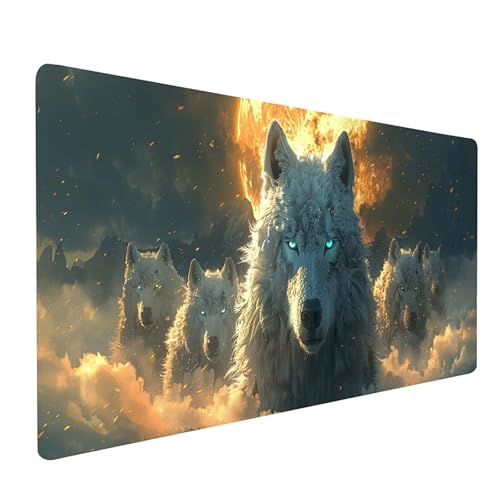 Weiß Mousepad, Wolf Mauspad XXL 1200 x 600 mm, Schreibtischunterlage mit Vernähte Kanten, Mauspad Gaming Verbessert Präzision und Geschwindigkei, Schreibtisch Zubehör, Geschenke für Frauen K-3663 von KUEGDUNG