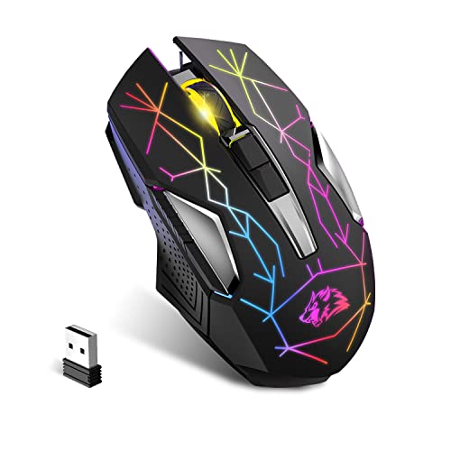 KUIYN X18 Kabellose Gaming-Maus 2,4 G, wiederaufladbar, 600 mAh Lange Lebensdauer, 7 RGB-Lichter, 2400 DPI, intelligente Energieeinsparung, leises Klicken, USB-Empfänger, optisch, für PC/Mac/PS4/XBOX von KUIYN