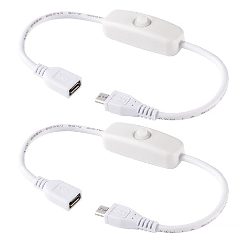 KUOQIY 2 Stücke 0.27m Micro USB Kabel mit Ein/Aus-Schalter, Micro USB Schalter Kabel, Micro USB Verlängerungs Schalterkabel, für LED-Schreibtischlampe, USB-Lüfter, Weiß von KUOQIY