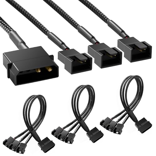 KUOQIY 3 Stücke Molex auf Lüfter Adapter Kabel, 4 Pin Molex auf 3 x 3 Pin / 4 Pin PMW 12V PC-Gehäuselüfter Stromadapterkabel, Molex auf Lüfter Konverter von KUOQIY