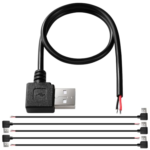 KUOQIY 5 Stücke USB-A Stecker 5V / 3A 90 Grad Pigtail offenes Ende Stromkabel, 30cm 22 AWG USB 2.0 Stecker 2-poliger Draht DIY Pigtail-Kabel, für USB-Geräte Reparatur DIY-Kabel von KUOQIY