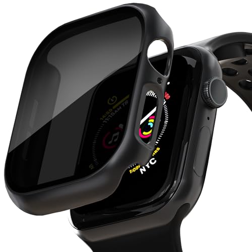 KUYUBMINYR Schutzhülle für Apple Watch, Displayschutzfolie, Anti-Spionage-Displayschutzfolie aus gehärtetem Glas, harte PC-Hülle, Stoßfänger für iWatch Serie 10, Schwarz/Schwarz, 42 mm, 2 Stück von KUYUBMINYR