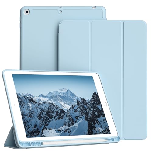 KVTVOU Hülle für iPad 9. / 8. / 7. Gen mit Stifthalter, 10,2 Zoll Modell 2021/2020/2019, Trifold Ständer Weiche TPU Rückseite Stoßfeste Schlanke Schutzhülle für iPad 9/8 / 7, Hellblau von KVTVOU