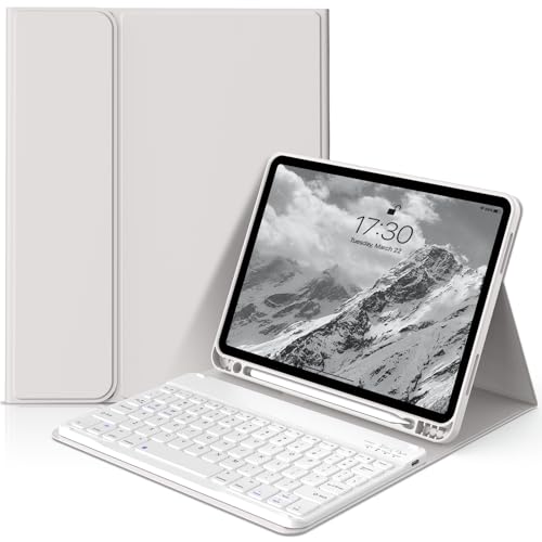 KVTVOU Tastatur Hülle für iPad Air 11 Zoll 2024, iPad Air 10.9 Zoll Air 5. / 4. Generation mit Stifthalter, Kabellose Abnehmbare Folio Schlanke Weiß Tastatur Hülle für iPad Air 11, Grau von KVTVOU